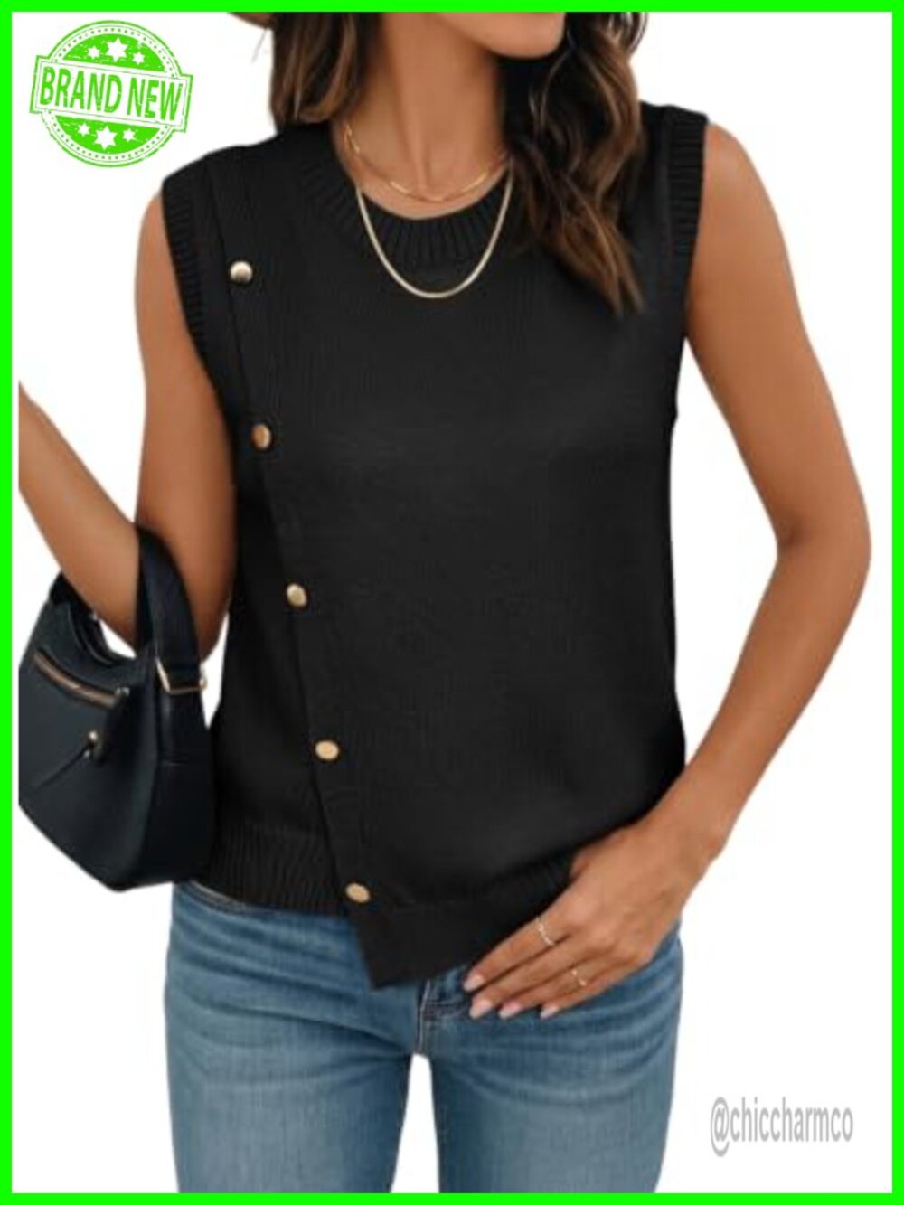 Sleeveless Button Decor Knit Sweater Vest with Irregular Hem
